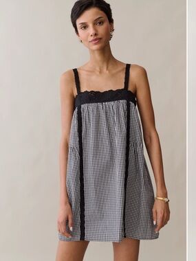 NWT Kourt Florence Cotton Gingham Baby Doll Embroidered Detail Dress XL , XS